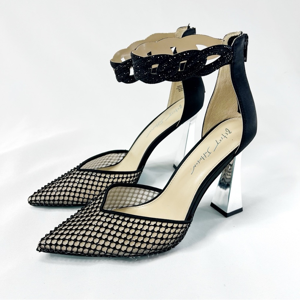 Betsy Johnson Jad Fishnet Formal Evening Pumps Heels Beaded Black and Silver 11